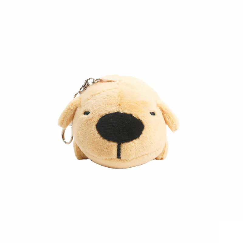 Front view of Dogdog Lazy Plush Charm, showing the round black nose and sleepy expression with a keychain attached.
