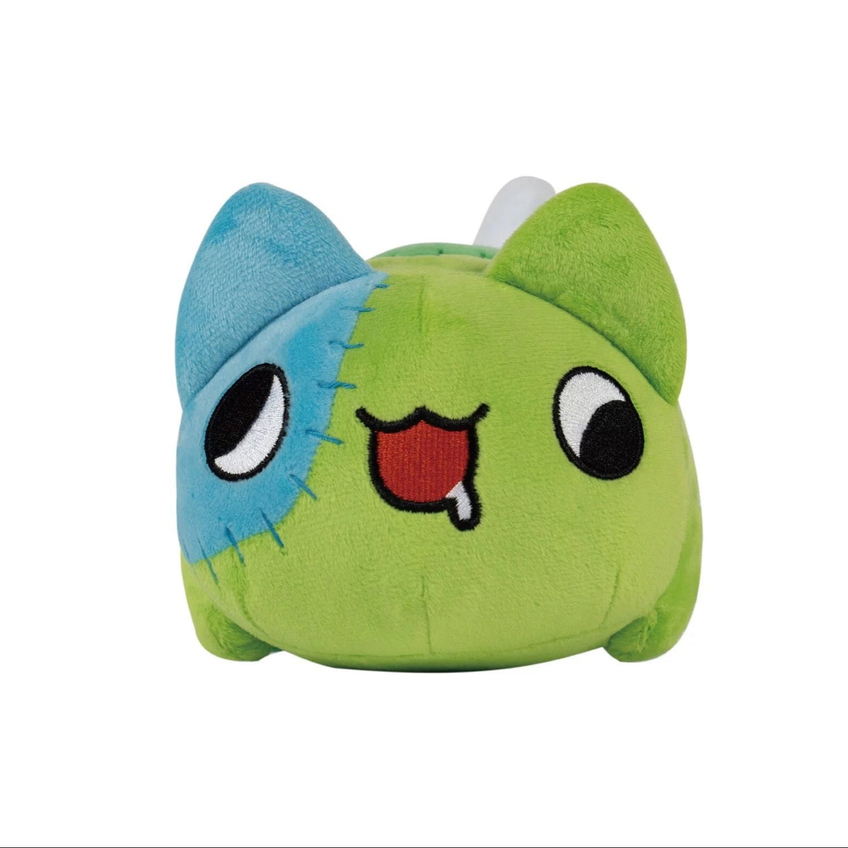 Front view of Zombie Bugcat plush with stitched blue eye patch and open mouth