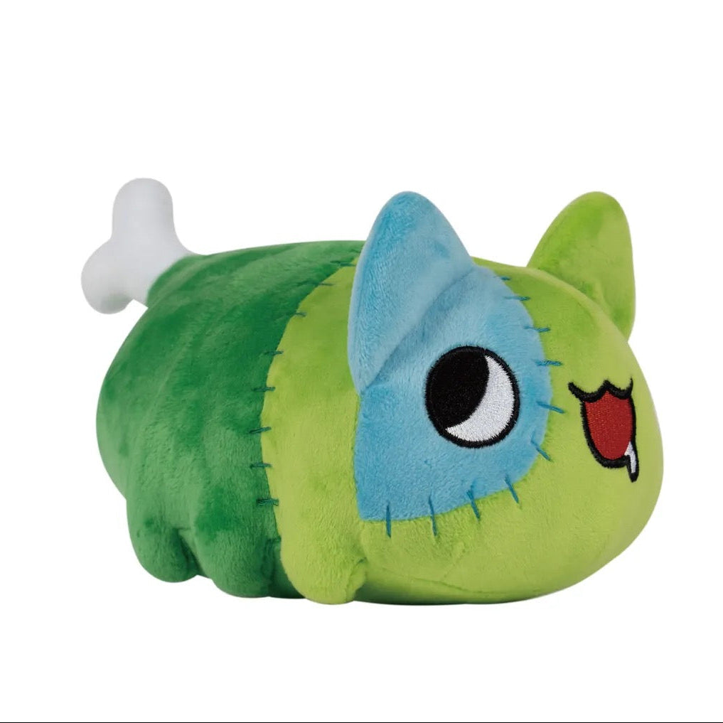 Side view of Zombie Bugcat plush showing its round body and bone detail