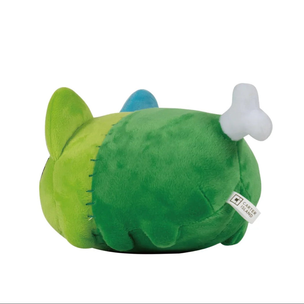 Angled view of Zombie Bugcat plush with stitched eye patch and back bone detail