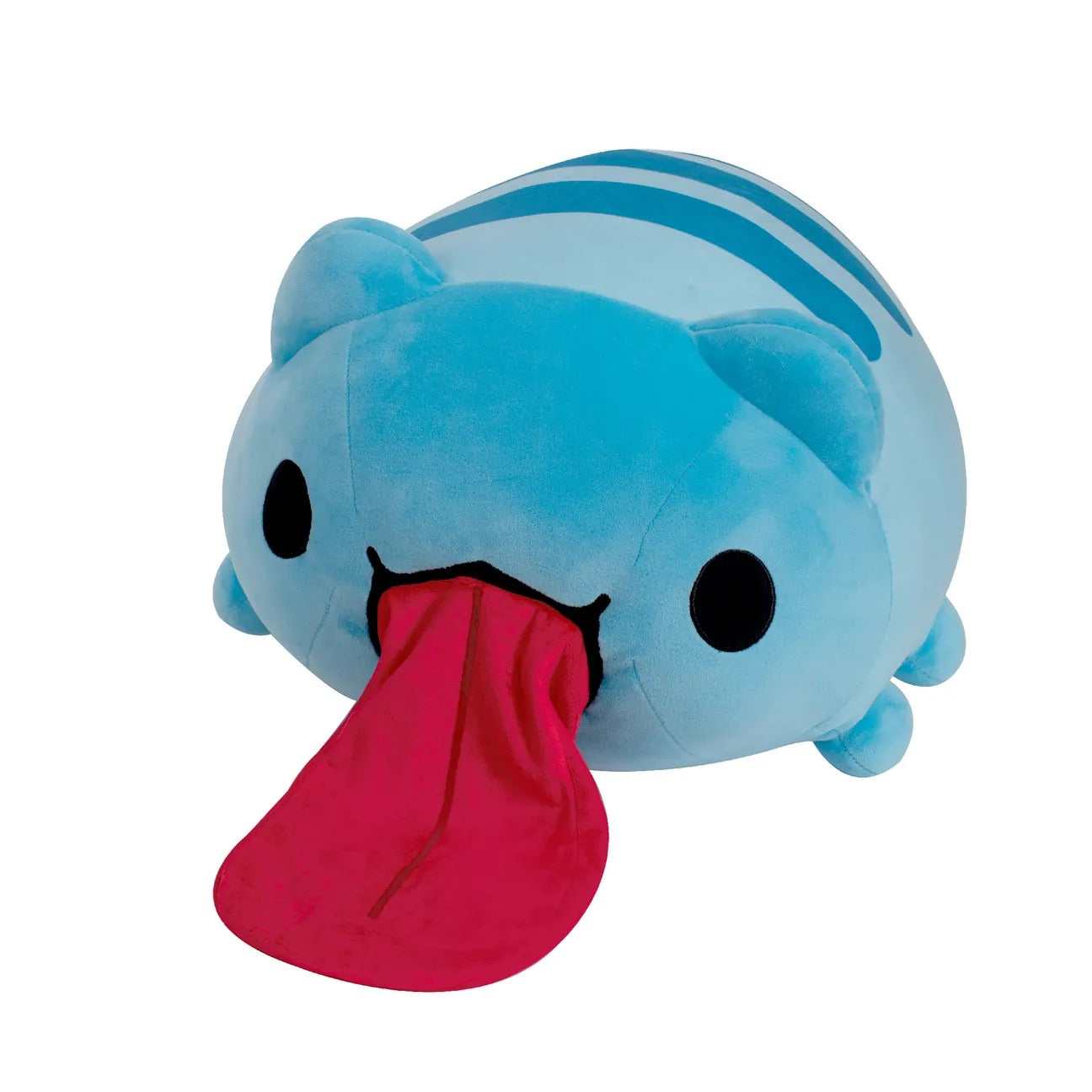 Angled view of Big Tongue Lazy Capoo Plush with tongue hanging down
