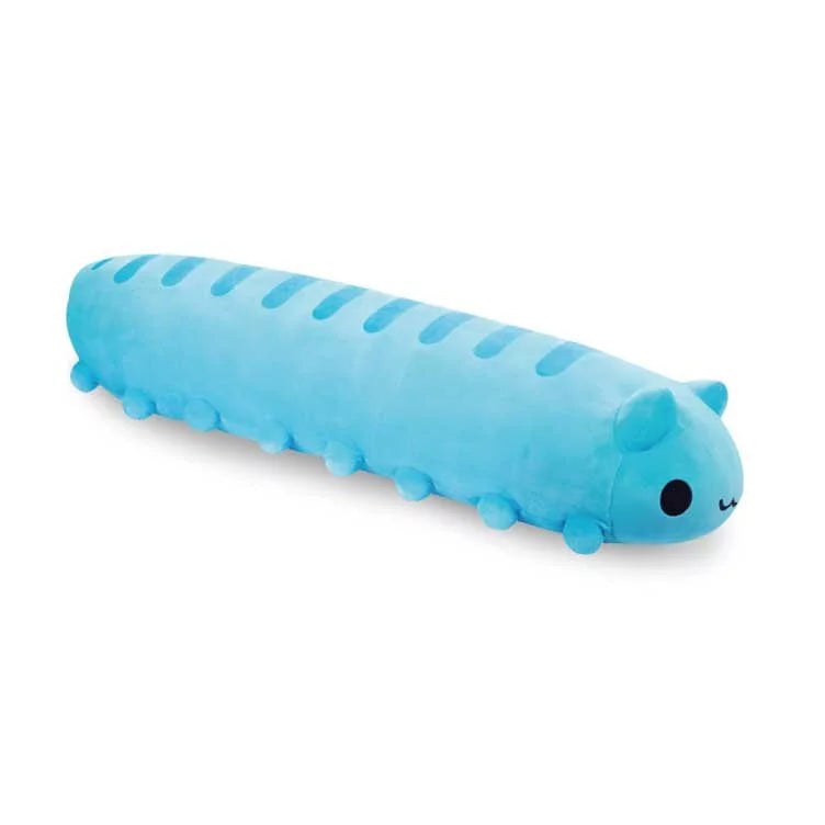 Bugcat Capoo Bolster Plush Angled View: A long, blue Bugcat Capoo bolster plush with soft segments along its body, featuring a smiling Capoo face on one end and 16 small legs along the sides.

