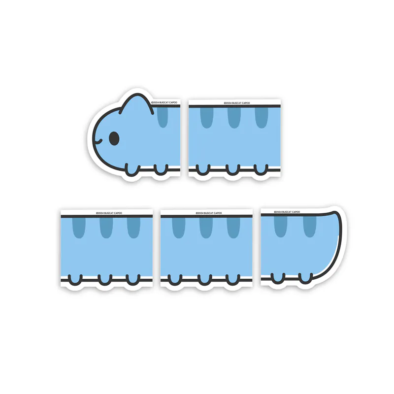 Buuuugcat Weatherproof Stickers packaging: Packaging with a blue background displaying the set of five Buuuugcat stickers, featuring Bugcat in a stretched, elongated pose, with each sticker design measuring 10cm x 10cm.