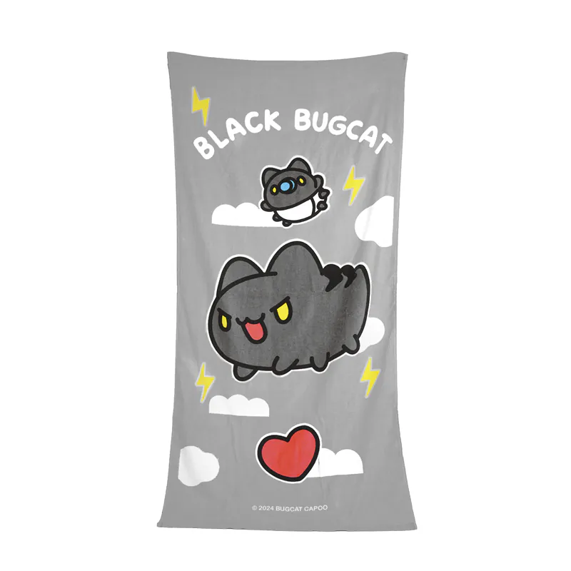 Black Bugcat Bros Bath Towel full view: Full view of the Black Bugcat Bros bath towel featuring Black Bugcat characters on a gray background with lightning bolt and heart accents, measuring 70cm x 140cm, made of cotton.