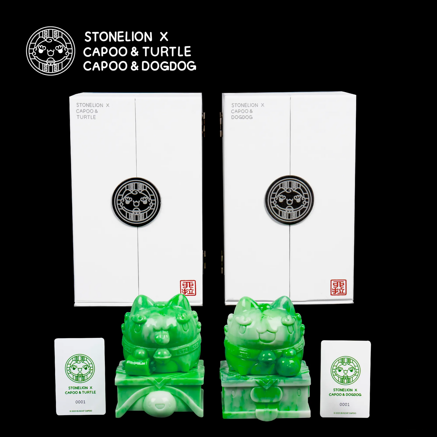 Stonelion x Capoo & Turtle, Capoo & Dogdog Packaging and Figurines: Display of the premium packaging, special serial number card, and the two Stonelion jade figurines of Capoo & Turtle, and Capoo & Dogdog.