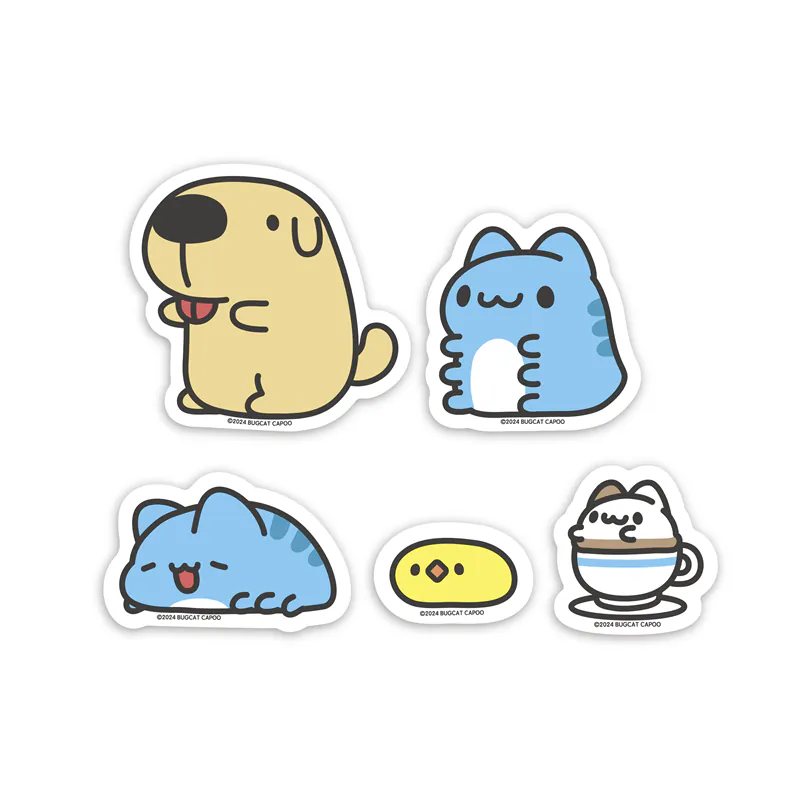 Capoo & Dogdog & Foam Cat & Chick Weatherproof Stickers product display: Set of five weatherproof stickers featuring Capoo, Dogdog, Foam Cat, and Chick characters in various poses, each design measuring 10cm x 10cm.