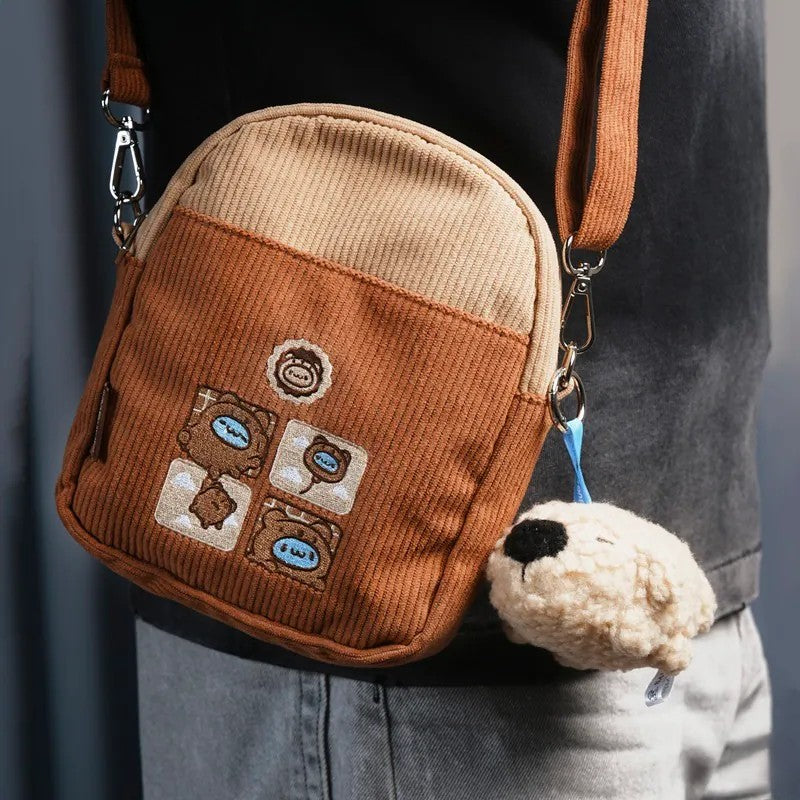 Brown Bear Capoo Corduroy Crossbody Bag