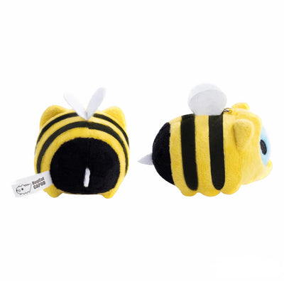 Bee Capoo plush charm showing back and side views with black and yellow stripes and small white wings