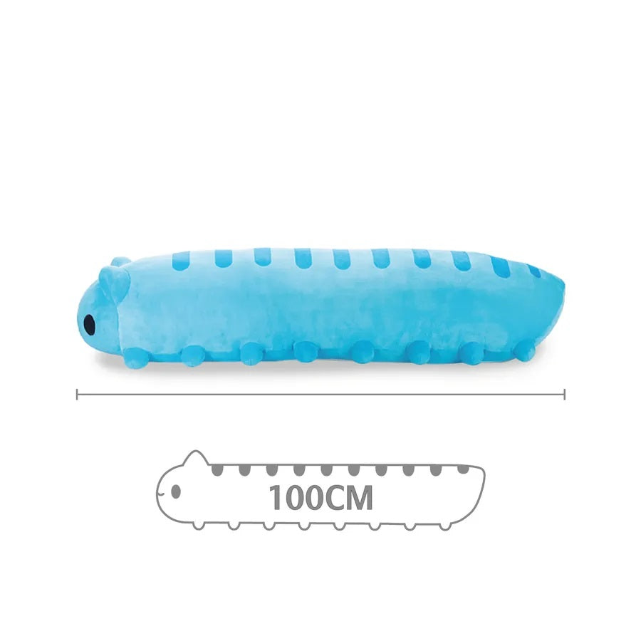 Bugcat Capoo Bolster Plush Side View with Length Label: Side view of the plush showing its full 100cm length, emphasizing its long, segmented body.