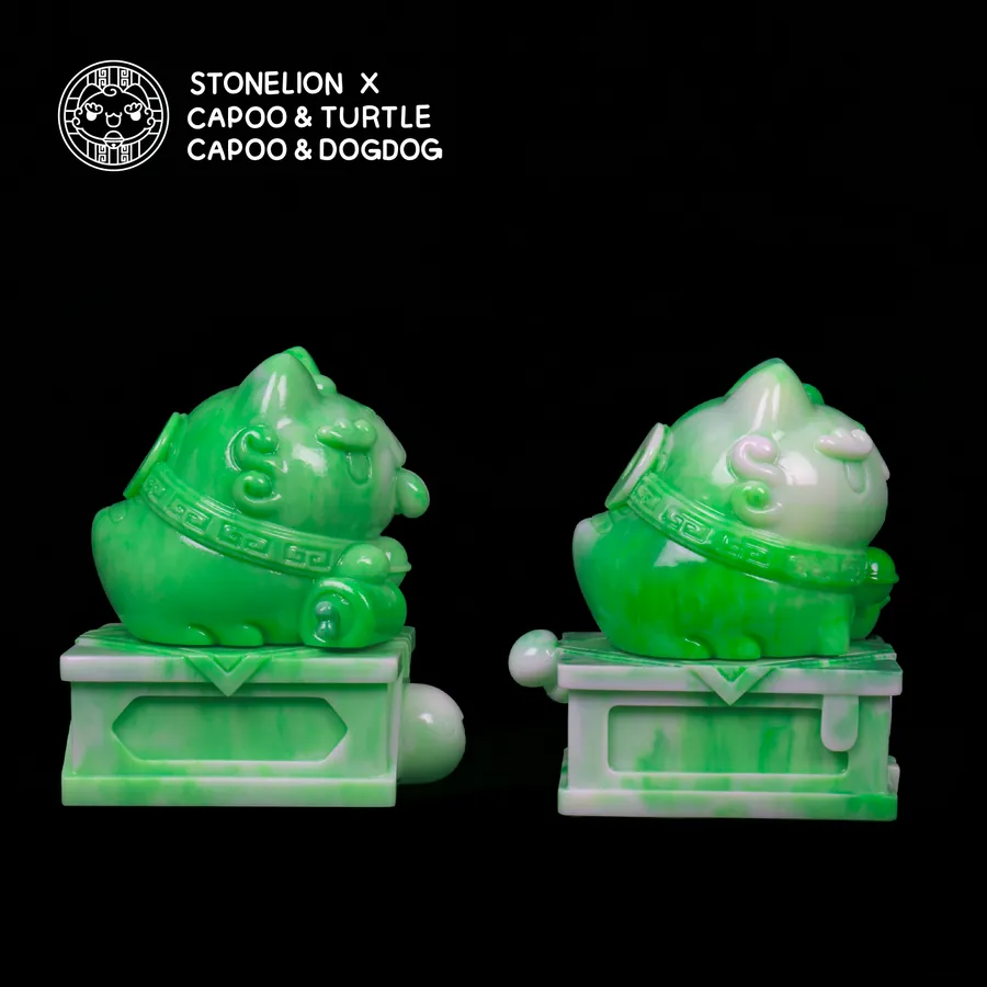 Side View of Capoo & Turtle, Capoo & Dogdog Jade Figurines: Another side view of the Stonelion Capoo and Turtle and Capoo and Dogdog figurines, emphasizing the detailed jade-like carving and the classic traditional base.