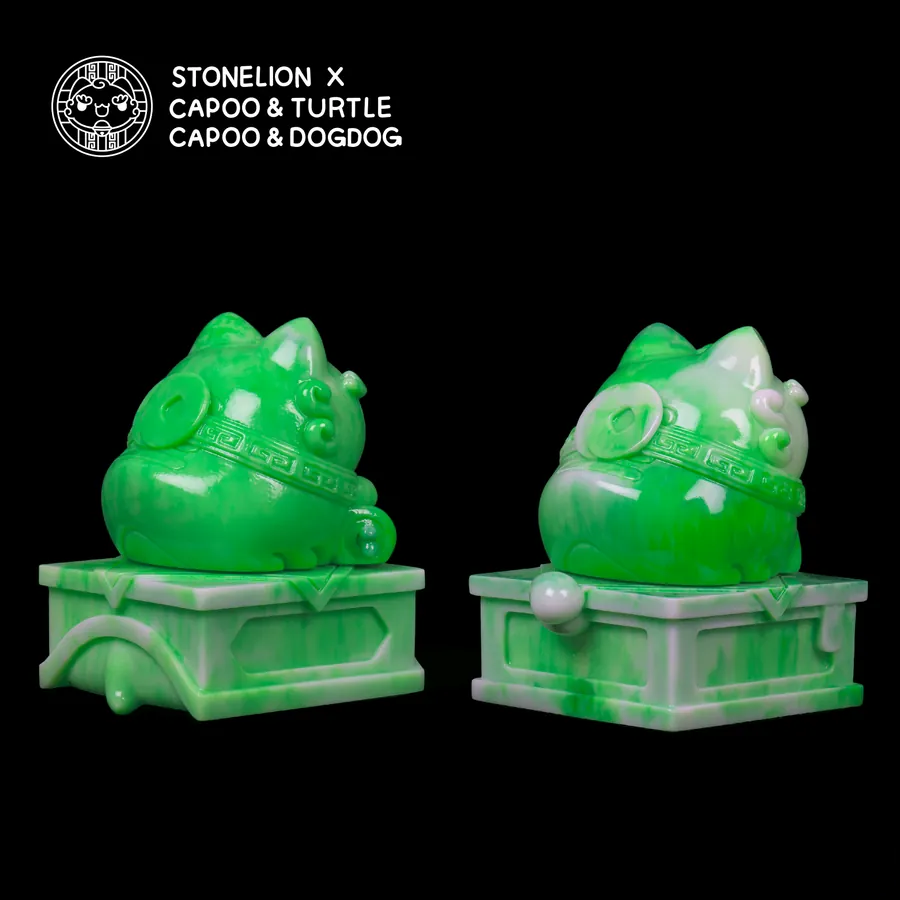 Angled Back View of Capoo & Turtle, Capoo & Dogdog Jade Figurines: Angled back view of the Stonelion figurines featuring Capoo with Turtle, and Capoo with Dogdog, intricately carved in jade-like resin and placed on traditional bases.