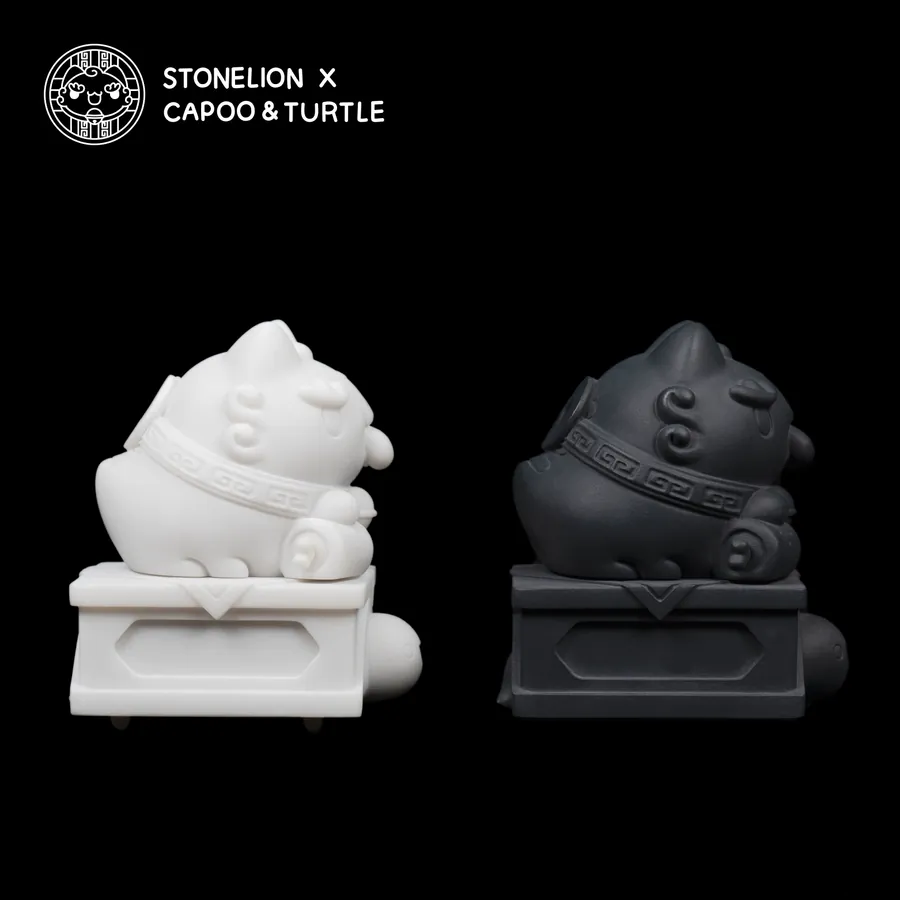 Side view of Stonelion x Capoo & Turtle sculptures: The statues are turned to the side, highlighting the intricate carvings on their bodies and the detailed base designs.