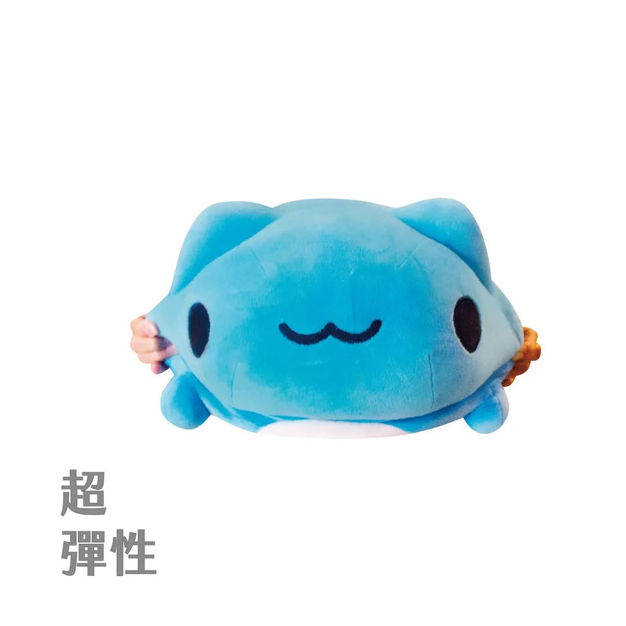 Bugcat Capoo Bolster Plush Stretched: Bugcat Capoo Bolster Plush being stretched horizontally by two hands, showing its elasticity and soft, squeezable texture.