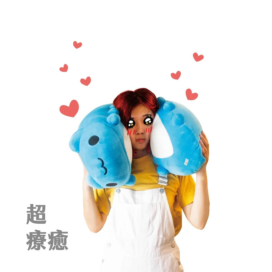 Person Holding Bugcat Capoo Bolster Plush to Both Sides of Their Face: A person holding two Bugcat Capoo Bolster Plush toys to each side of their face, with heart graphics surrounding them, emphasizing the plush’s cuteness and comforting, therapeutic effect.