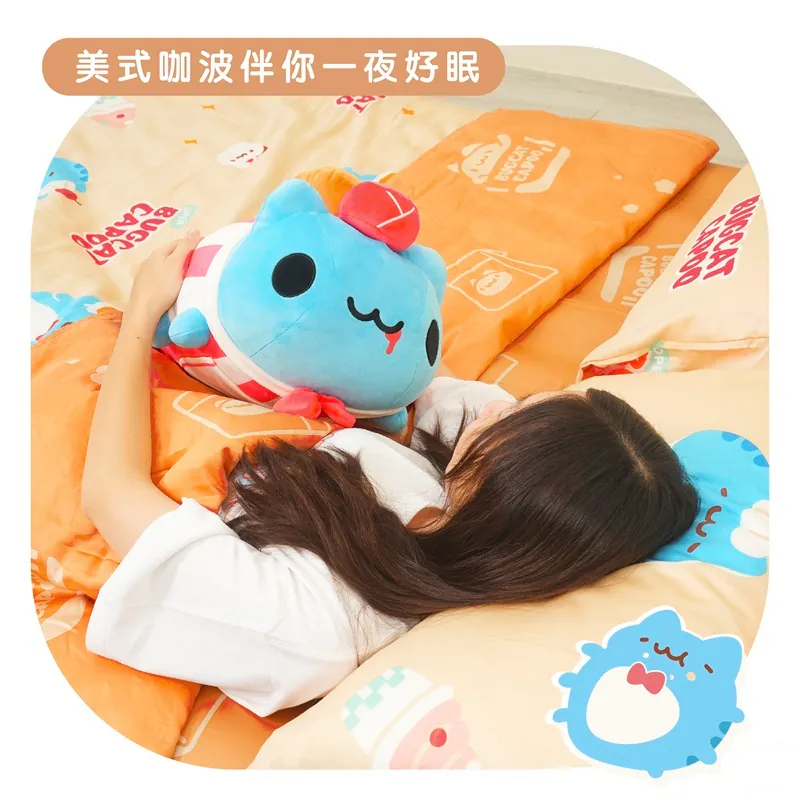 Person with Capoo plush on Capoo-themed bed set: A person hugging the included limited edition American-style Capoo plush on the Capoo-themed bed set, showcasing colorful Tencel bedding with Capoo cartoon designs for comfort and style.