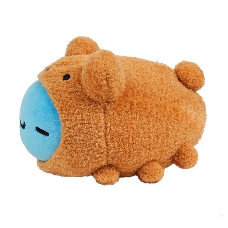 Side view of Brown Bear Costume Mini Lazy Capoo Plush: Plush showing its side, featuring bear costume details.
