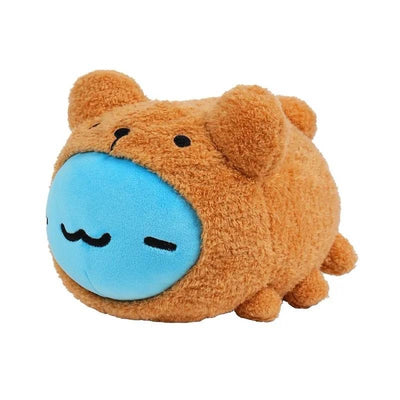 Angled side view of Brown Bear Costume Mini Lazy Capoo Plush: Plush shown from the side and front, displaying Capoo's blue face and the round bear costume with small bear ears and paws.