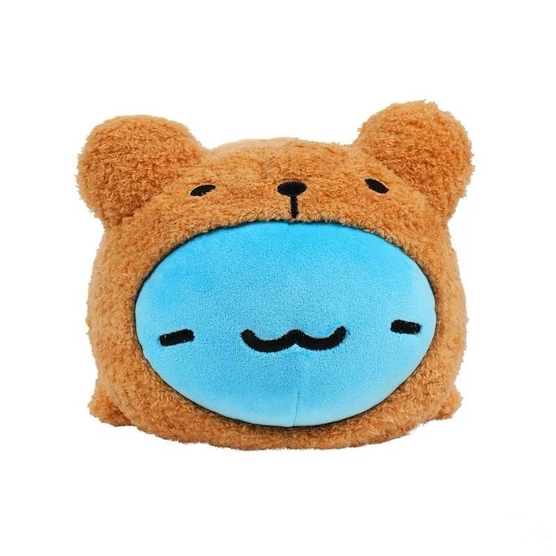 Front view of Brown Bear Costume Mini Lazy Capoo Plush: Plush dressed in a bear costume with Capoo's blue face visible.