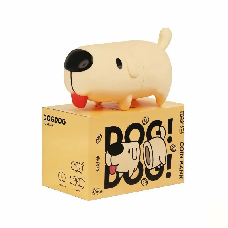 Dogdog Coin Bank placed on the packaging