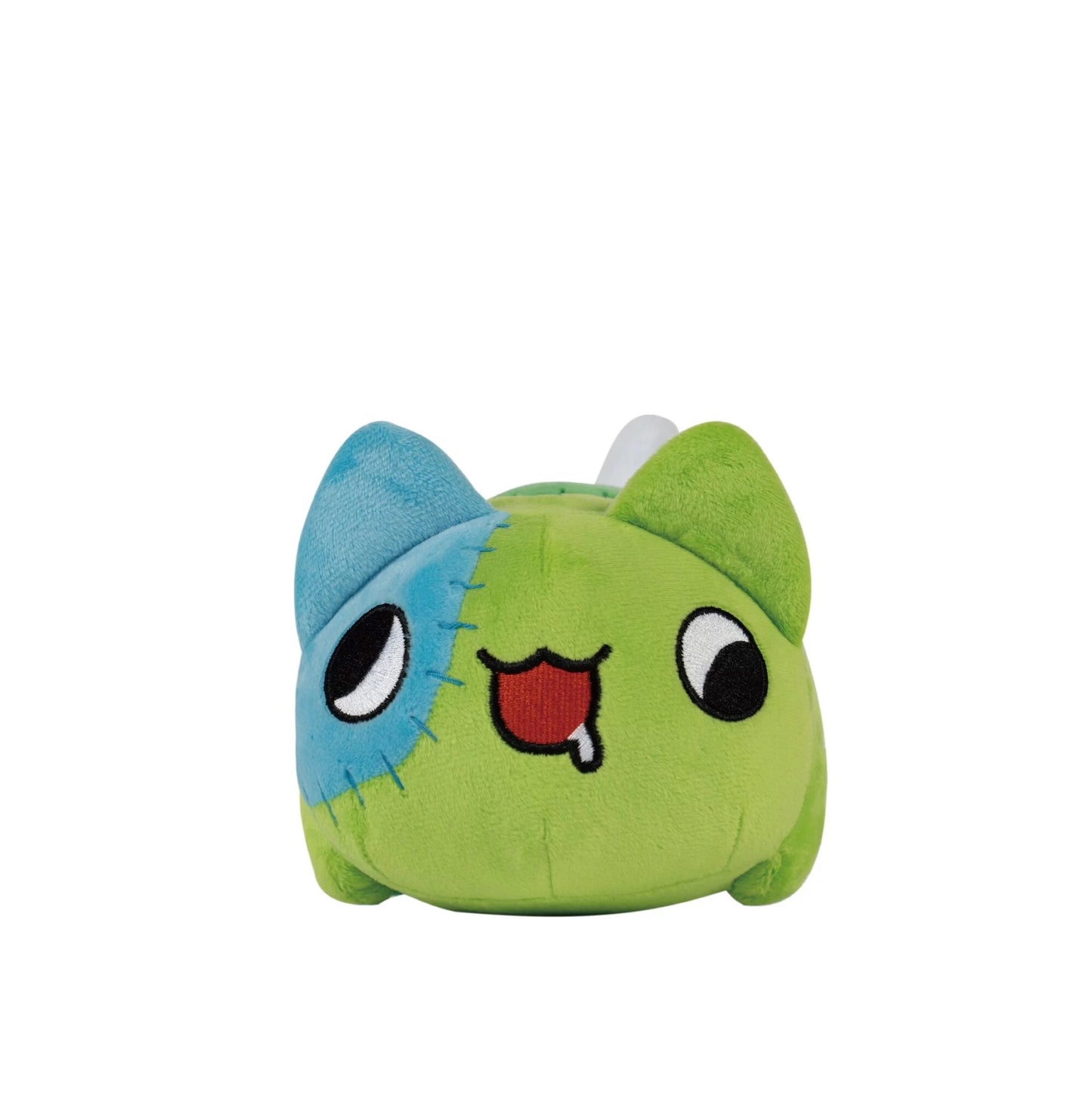 Front view of Zombie Bugcat Plush: Shows the plush from the front, highlighting the blue stitched patch over one eye, open mouth.