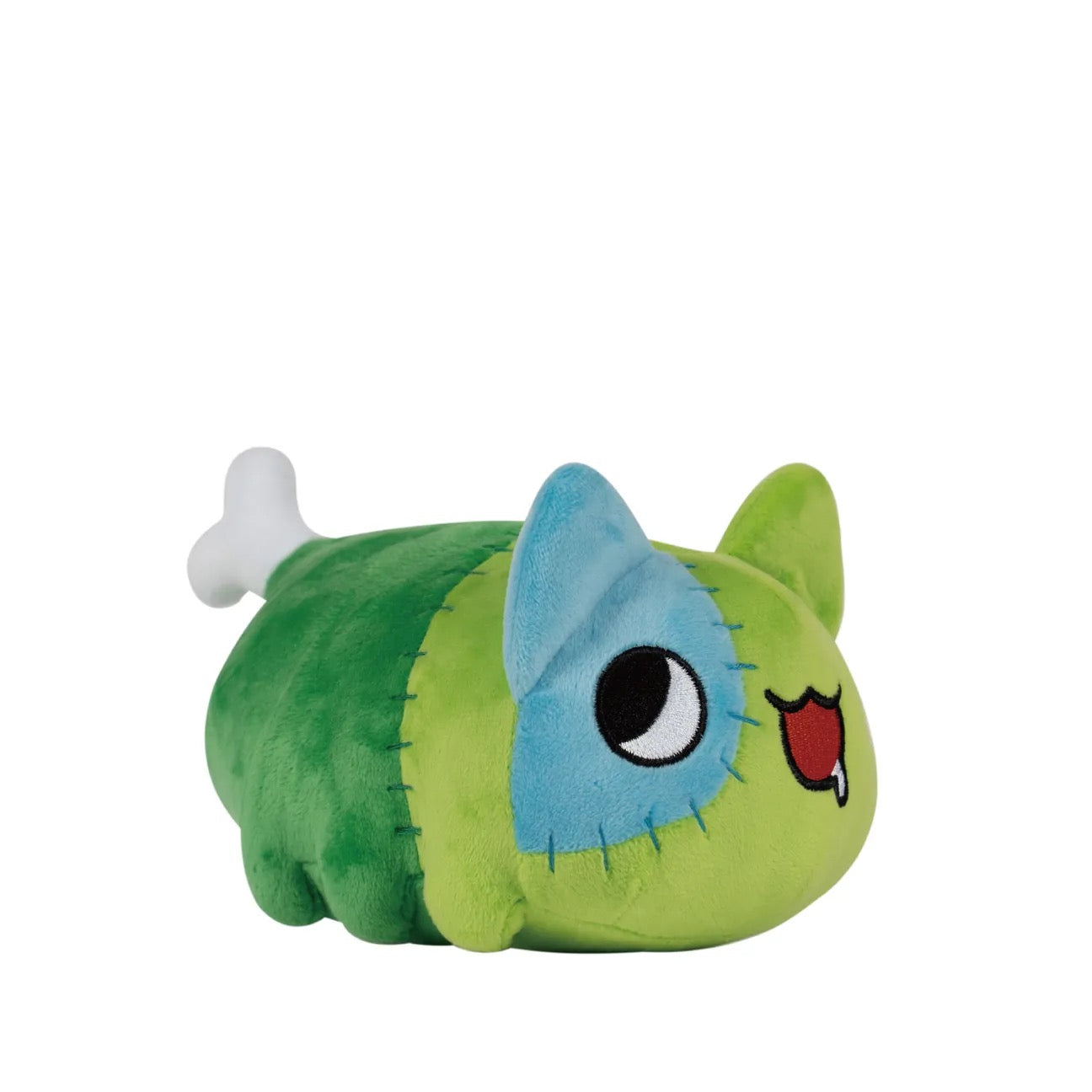 Side view of Zombie Bugcat Plush: The plush is turned to the side, displaying the bone detail on its back and the plush’s round, soft shape.