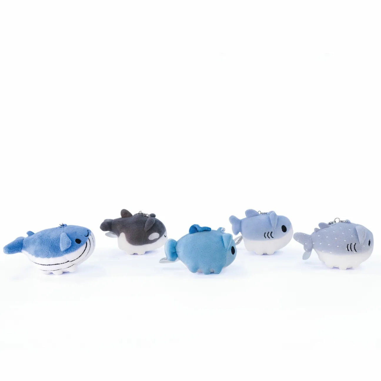 Capoo Fish Plushie Charm, Killer Whale Bugcat Plush Charm, Shark Bugcat Plush Charm, Whale Bugcat Plush Charm, and Whale Shark Bugcat Plush Charm in order - Side View