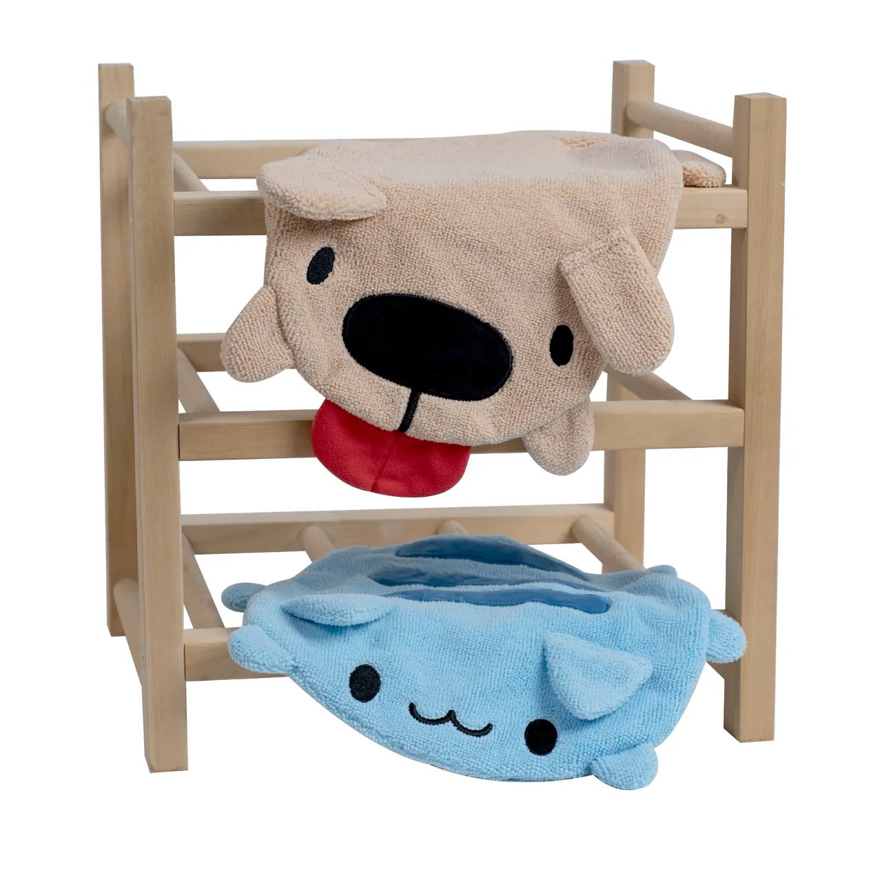 Capoo Shaped Hand Towel and Dogdog Shaped Hand Towel on towel rack