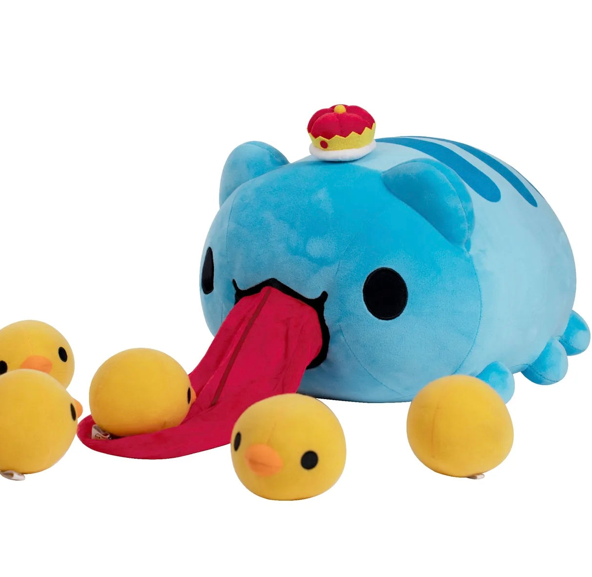 Big Tongue Lazy Capoo Plush with tongue fully outside with crown on top and with some cute little chicken around.  There is a chicken on the tongue