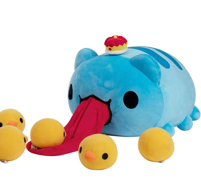 Big Tongue Lazy Capoo Plush surrounded by yellow chick plushies