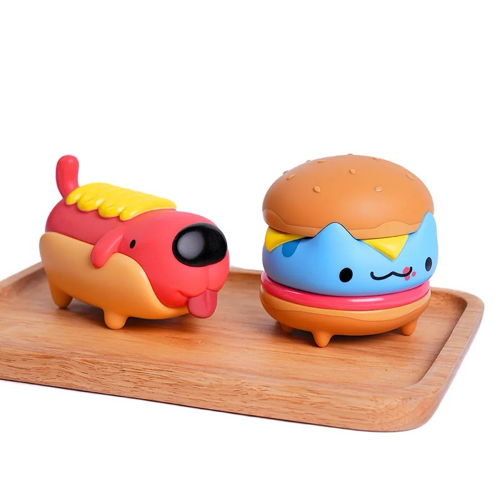 Dogdog Hotdog Figure and Bugcat Hamburger Figure on a plate