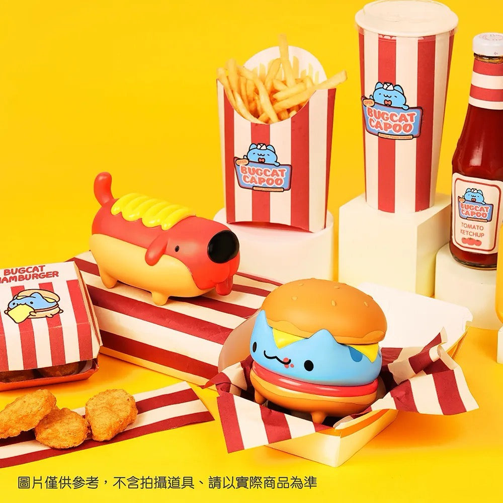 Dogdog Hotdog Figure and Bugcat Hamburger Figure showcase with real fast food