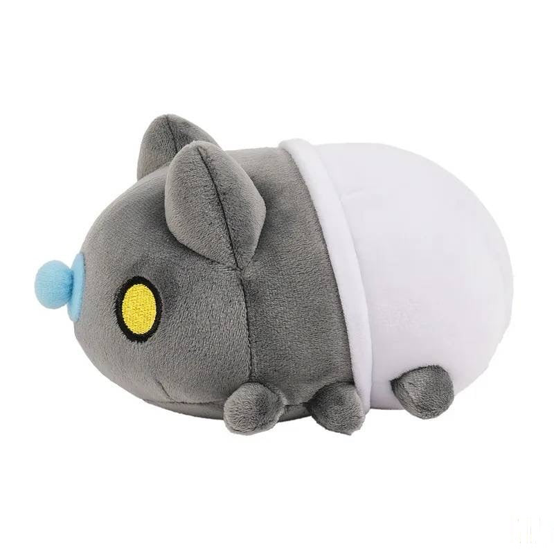 Mini Lazy Baby Black Bugcat Plush Side View: Side view of the plush, featuring the grey head, yellow eyes, blue pacifier, and white diaper-covered body with small legs.