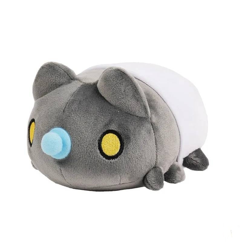 Mini Lazy Baby Black Bugcat Plush Angled Front-Left View: Angled view from the front-left, showing the grey face, yellow eyes, blue pacifier, and the plush wearing white diapers.