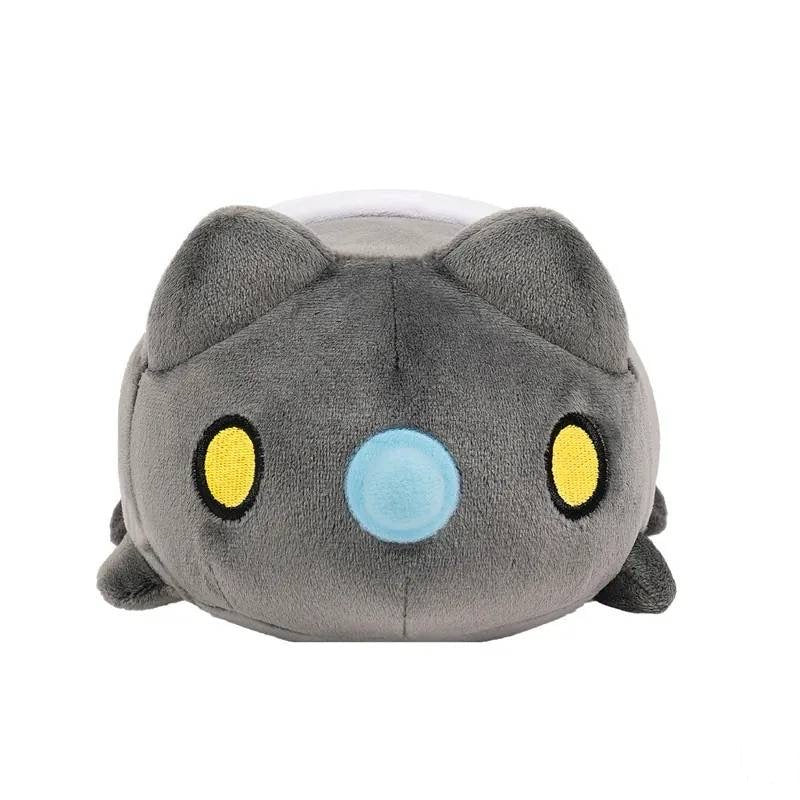 Mini Lazy Baby Black Bugcat Plush Front View: Front view of the Mini Lazy Baby Black Bugcat Plush, showcasing its grey face, yellow eyes, and a blue pacifier, with a soft, rounded shape.