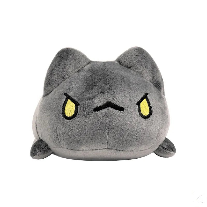 Mini Lazy Black Bugcat Plush Front View: Front view of the Mini Lazy Black Bugcat Plush, featuring Bugcat’s grey body, intense expression, and bright yellow eyes.