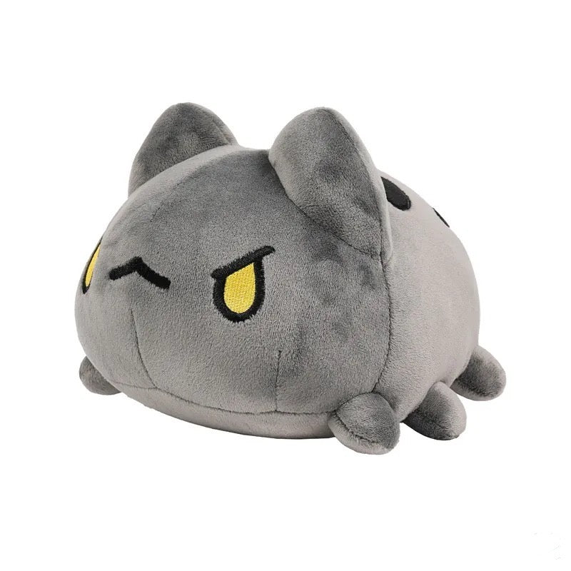 Mini Lazy Black Bugcat Plush Side View: Side view of the plush, showing its rounded shape, small legs, and grey body with black stripes on the back.