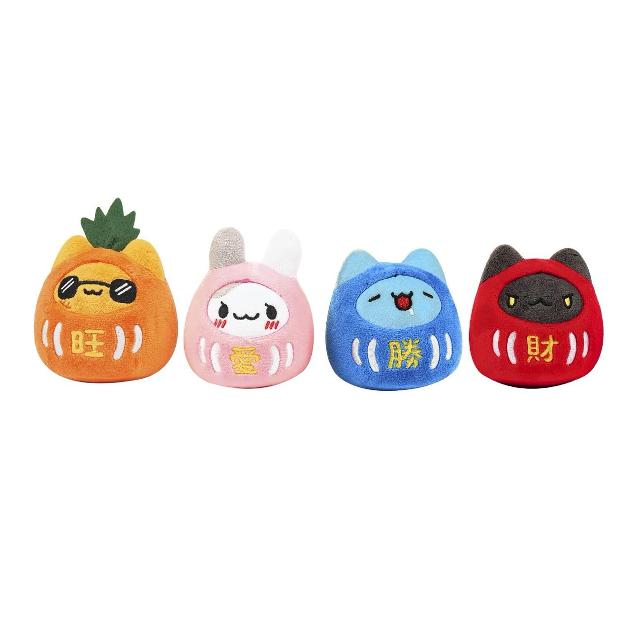 Dharma Pineapple Bugcat 9cm Roly-Poly Plush(旺 - Prosperity), Dharma Tutu 9cm Roly-Poly Plush(愛 - Love), Dharma Capoo 9cm Roly-Poly Plush(勝 - Victory), and Dharma Black Bugcat 9cm Roly-Poly Plush(財 - Wealth) in order - Front View